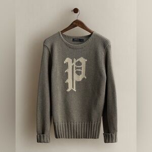Polo Ralph Lauren 2018 Gothic P Letter Logo Grey Cotton Knit Sweater Size XL